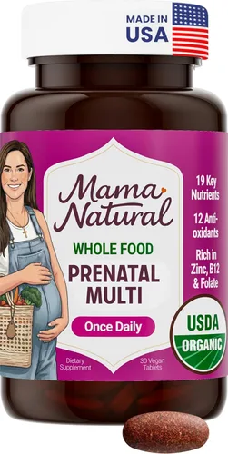 Mama Natural Vitaminas prenatales orgánicas para mujeres veganas (30 porciones), vitaminas prenatales One A Day para mujeres embarazadas, a base de