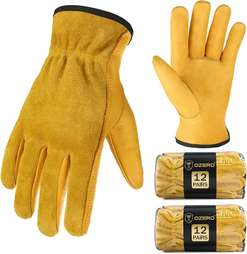 Miniatura 13 de OZERO Guantes de trabajo de piel de vaca con agarre flexible para cortar madera, construcción, conducción de camiones, jardín/patio para trabajo Oro