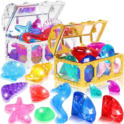 Miniatura 8 de YUJUN Juguetes de piscina de gemas de buceo, 10 coloridas gemas de diamante grande con caja de cofre de pirata del tesoro, juego de piedras Surtido
