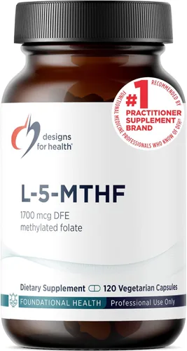 Designs for Health L-5-MTHF Folato, 1000mcg (1700mcg DFE) - Suplemento de metilfolato de vitamina B9 activa cuatrefolato de 1 mg - Sin OMG, sin