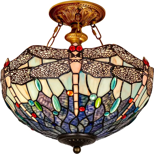 Miniatura 12 de Lámpara de techo Tiffany con vidrieras verdes de glicinia, montaje semi empotrado, lámpara amplia de 16 pulgadas de ancho y 15 pulgadas de altura