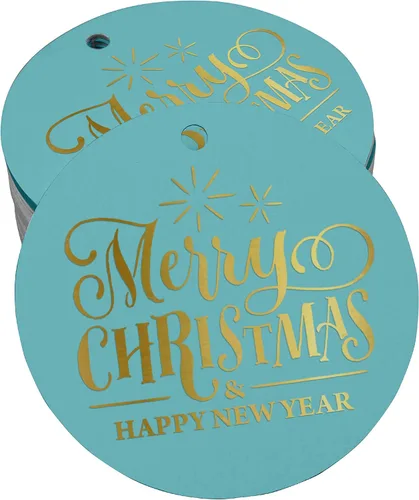 Paquete de 50 etiquetas de papel de aluminio de oro real con texto en inglés «Merry Christmas & Happy New Year»