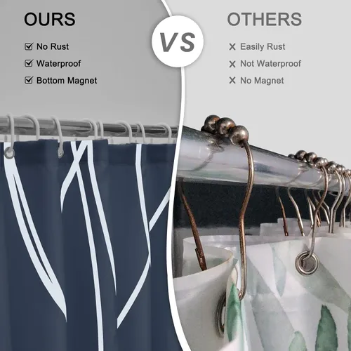 Miniatura 6 de Juego de cortinas de ducha azul egeo para baño con ganchos, cortinas de baño decorativas repelentes al agua y lavables con rayas blancas, 72 x 72