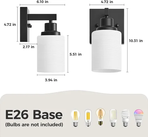 Miniatura 3 de Juego de 2 apliques de pared para baño, 1 luz negra, apliques de pared modernos para interiores con pantallas de vidrio blanco, lámpara de pared