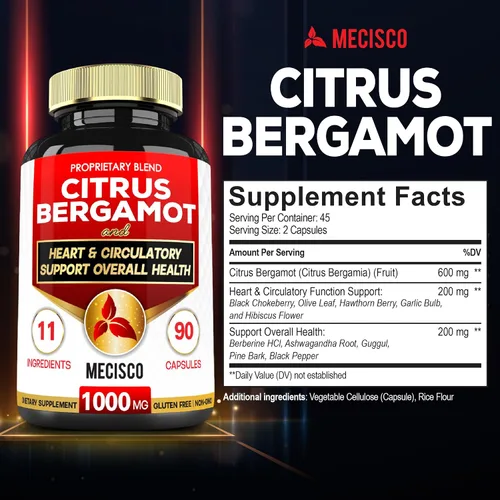 Miniatura 2 de Mecisco Suplemento de bergamota cítrica 11 en 1 de 1000 mg con chokeberry negro, berberina HCl y más – 90 cápsulas – Apoya la salud del corazón