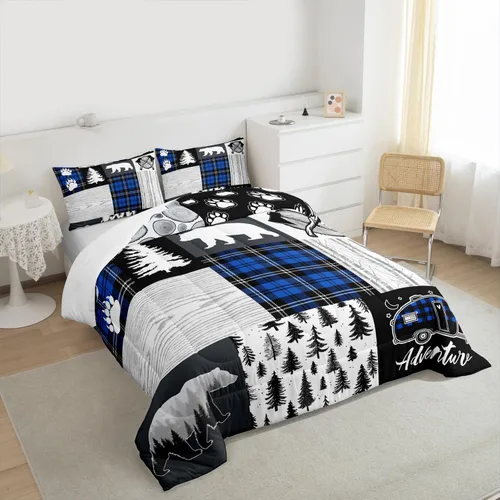 Miniatura 139 de Juego de edredón de cuernos de ciervo tamaño individual, juego de ropa de cama rústica de granja con huellas de oso y pinos para decoración