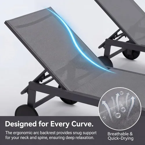 Miniatura 4 de SUNLEI Juego de 2 tumbonas para patio al aire libre, sillas de piscina ajustables con ruedas, sillas de bronceado reclinables de aluminio para Gris