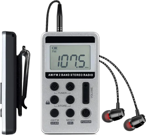 Radio AM FM portátil con pantalla LCD de sintonización digital, radio de bolsillo recargable SWDSTP con auriculares estéreo y clip de cinturón