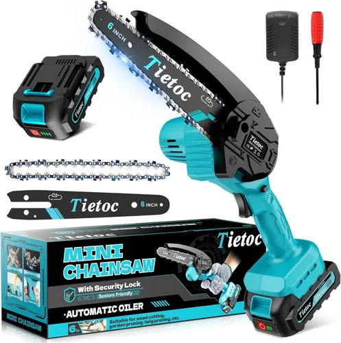 Tietoc Mini Motosierra Inalámbrica de 6 Pulgadas, Sierra Eléctrica Portátil y Ligera, Kit de Motosierra de Poda con Batería para Hogar y Jardín,