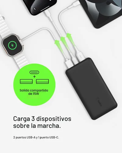 Miniatura 5 de Belkin Cargador Portátil - Paquete de Batería de Banco de Energía de 3 Puertos de 15W con Batería de 10000mAh - Carga Rápida para iPhone, Teléfono