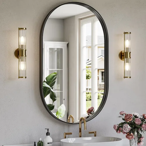 Brightify - Espejo ovalado negro para baño de 24x40 pulgadas, espejos de tocador mate negros para pared con marco de metal, espejo moderno de pared