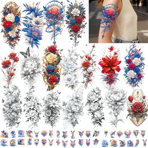 Miniatura 11 de Tatuaje temporal de brazo completo de Halloween para hombres y mujeres, 12 hojas de tatuajes temporales de manga de esqueleto de calavera, tatuajes