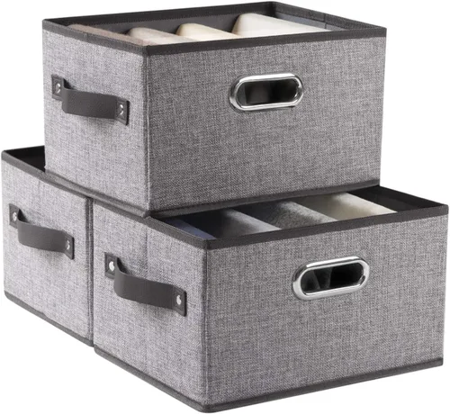 Miniatura 23 de PRANDOM Contenedores de almacenamiento plegables más grandes para clóset [5 unidades] cestas decorativas de tela de lino con asas de cuero y metal