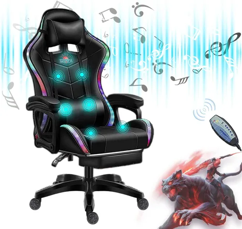 Silla de juegos para adultos con reposapiés y masaje, silla de videojuegos con altavoces y luces LED RGB, piel sintética, sillas ergonómicas de
