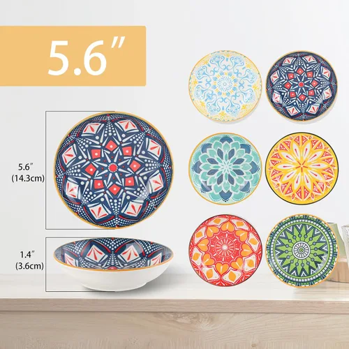 Miniatura 2 de Juego de cuencos de cerámica para gatos de 6 - Lindos cuencos poco profundos y coloridos - 14.6 cm, aptos para bigotes y anchos - Aptos