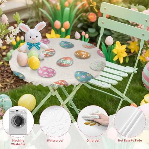 Miniatura 3 de Mantel redondo ajustable con diseño de huevos de Pascua de 36 a 44 pulgadas, bonito mantel colorido con borde elástico, manteles impermeables a