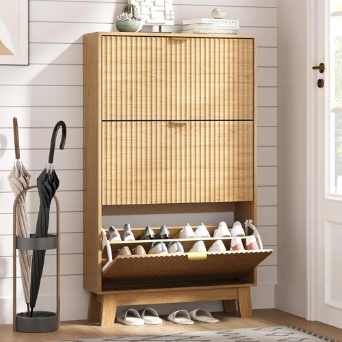Miniatura 24 de HUANLEGO Zapatero de almacenamiento para entrada con 6 cajones abatibles, organizador de zapatos estrecho acanalado con patas de madera, zapatero