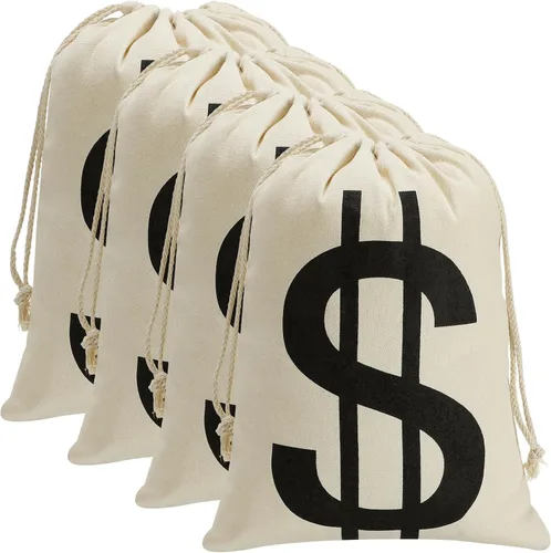 Miniatura 9 de 4 bolsas de dinero de lona de 6.3 x 9 pulgadas, bolsa de dinero de Halloween con letrero de dólar, sacos de dinero para disfraz de ladrón de bancos