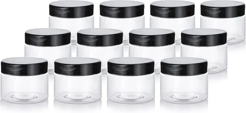 Miniatura 6 de Paquete de 12 tarros de plástico PET transparente de 12 onzas recargables de perfil bajo con tapa abatible negra