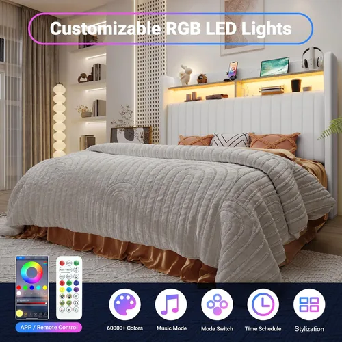 Miniatura 5 de Allewie Marco de cama de almacenamiento hidráulico elevable, tamaño Queen, cabecero de estante de 2 niveles con luces LED y estación de carga, Blanco