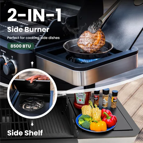 Miniatura 6 de Parrilla de Barbacoa de Gas Propano 2 en 1 con Quemador Lateral y Rejilla de Hierro Fundido Esmaltada en Porcelana, Plancha Plana de 4 Quemadores