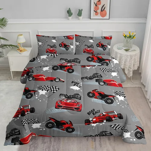 Juego de edredón para niños Axolotl, tamaño individual, juego de ropa de cama con diseño de autos de carreras para niños, niñas, adolescentes,