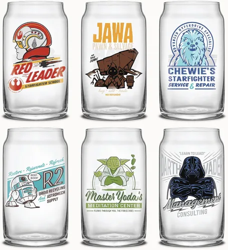 JoyJolt Star Wars Colección Retro Vintage 16.9 oz Vasos de Vidrio - Con Darth Vader, R2D2, Yoda, Chewbacca, Red Leader, Jawa - Vajilla de la