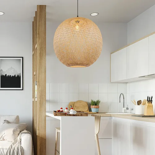 Miniatura 8 de Arturesthome Lámpara Colgante Redonda de Bambú de 1 Luz, Lámpara de Techo de Mimbre Tejida a Mano con Sombra de Cesta Boho para Isla de Cocina