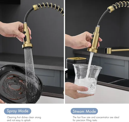 Miniatura 2 de AIMADI - Grifo de cocina dorado con rociador extraíble, grifo de cocina comercial de una sola manija con placa de cubierta, acabado en oro cepillado