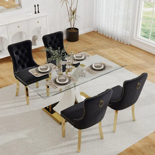 Miniatura 42 de Moderno juego de comedor de cristal de lujo para 6, 63 pulgadas, juego de vajilla rectangular minimalista grande para 6, juego de mesa de cocina
