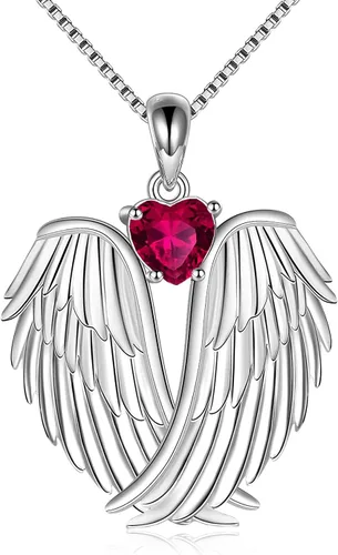 YFN Collar de alas de ángel de plata de ley 925 con colgante de alas de ángel de la guarda, collar de piedra natal para mujeres y niñas, regalos de