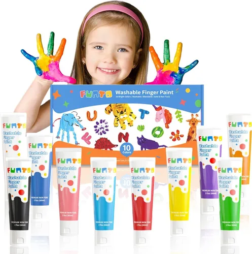 Miniatura 8 de Funto Juego de pintura de dedos lavable para niños, 25 piezas de suministros de pintura artística no tóxicos para bebés, incluye rollo de papel