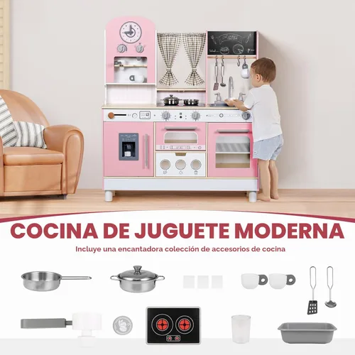 Miniatura 3 de EDUBEBO Juego de cocina para niños, cocina de juego de madera, altura ajustable, viene con varios accesorios de cocina, juguete de juego de rol Rosa