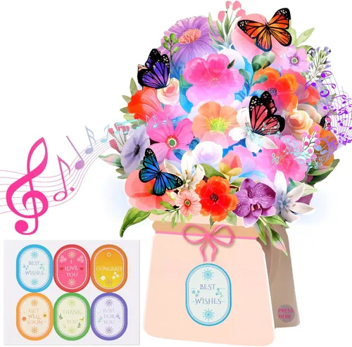 Miniatura 7 de Yinqing Tarjetas de cumpleaños, tarjeta de feliz cumpleaños ligera y música, lirio y mariposas, ramo de flores de tamaño natural de 10 pulgadas
