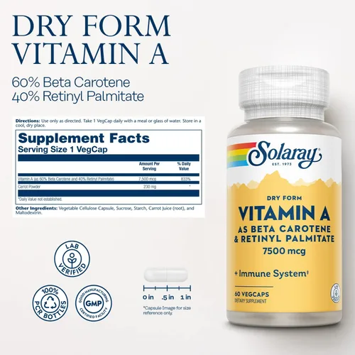 Miniatura 2 de SOLARAY Vitamina A de forma seca – Vitamina A como 60% betacaroteno y 40% palmitato de retinilo con polvo de zanahoria – Ojos, actividad