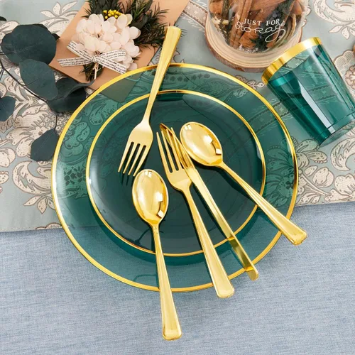 Miniatura 4 de LIYH - 180 platos navideños de plástico transparente y verde dorado, juego de vajilla de plástico desechable verde esmeralda, incluye platos