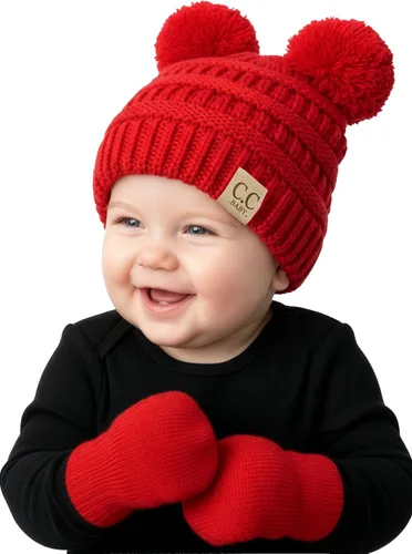Miniatura 11 de Funky Junque Conjunto de gorro y mitones con doble pompón de pelo sintético para bebé – Gorro de invierno para recién nacidos de 0–9 meses
