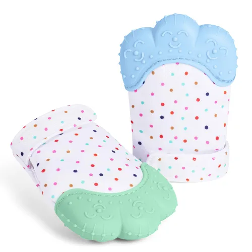 Vicloon Paquete de 2 Manoplas de Dentición de Silicona, Manopla Calmante para la Dentición Infantil Alivio del Dolor, Guante Previene Arañazos, Azul