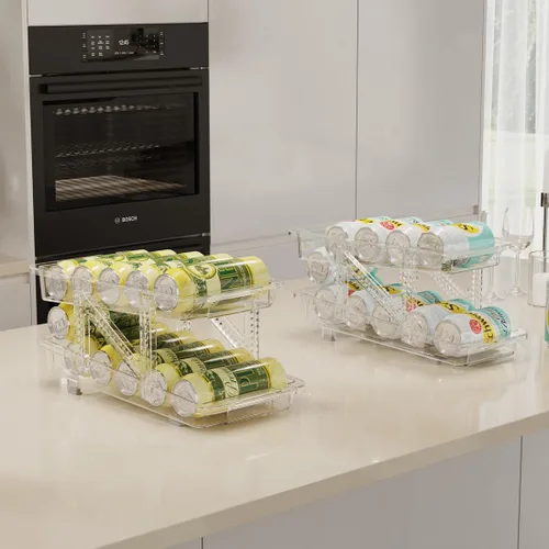 Miniatura 2 de Xicennego Juego de 2 organizadores de latas de soda ajustables para refrigerador, armarios, encimeras, dispensador de latas de bebidas para Claro