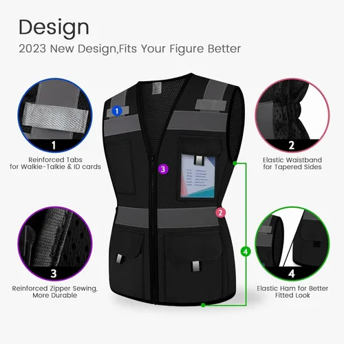 Miniatura 3 de Chaleco de seguridad para mujer con 11 bolsillos y cremallera, chaleco reflectante de alta visibilidad ajustado, chaleco de seguridad de neón