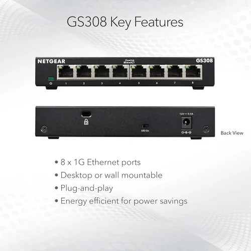 Miniatura 5 de NETGEAR - Conmutador no administrado Gigabit Ethernet de 8 puertos (GS308), hub de red doméstica, bifurcador Ethernet de oficina, sin software