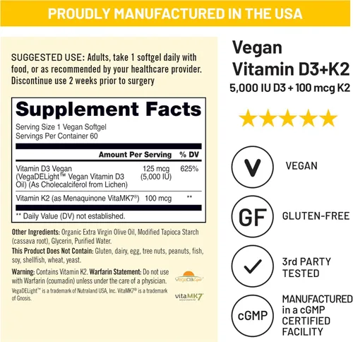 Miniatura 4 de NatureWise Vitamina vegana D3 + K2 – D3 natural 5000IU + vitamina K2 natural 100mcg – Soporte óseo – Alta absorción con aceite de oliva orgánico