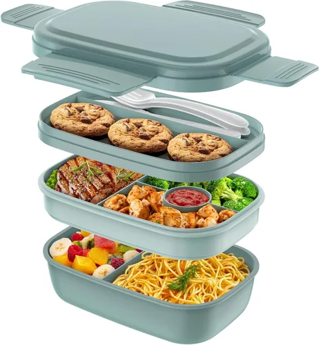 Miniatura 13 de HOMETALL - Lonchera bento apilable para niños y adultos, gran capacidad de 1900ml, contenedores de almuerzo a prueba de fugas con juego de cubiertos