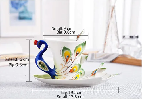 Miniatura 2 de Taza, taza de escritorio de café, taza de cerámica creativa 3D hecha a mano de porcelana esmaltada de pavo real taza de café con platillo y cuchara