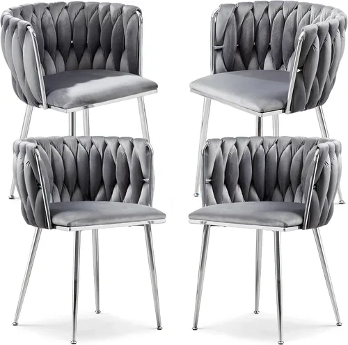 Miniatura 17 de Juego de 2 sillas de comedor de terciopelo, sillas laterales tapizadas tejidas con patas de metal negro, sillas decorativas modernas, sillas