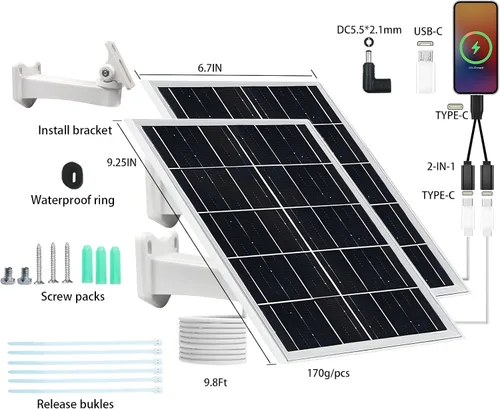 Miniatura 3 de Panel solar de 5 V y 16 W, paquete de 2 unidades IP65 impermeable con puertos USB-C/Micro USB/CC, cable de 9.8 pies para teléfono/banco