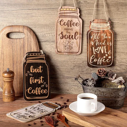 Miniatura 7 de Jetec 4 piezas de decoración de barra de café, tarro de madera para colgar en la pared, placa para colgar en la pared, placa de granja para cocina