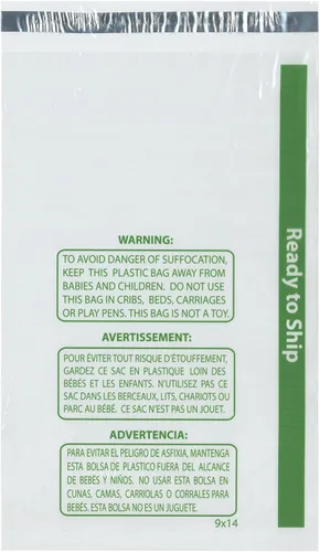 Plymor Bolsas de polietileno con cinta adhesiva permanente y advertencia de asfixia, listas para enviar, 9 x 14 pulgadas (caja de 1000)