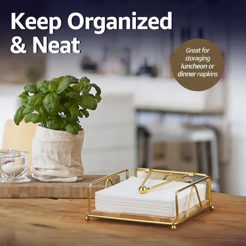 Miniatura 6 de Servilletero moderno de hierro fundido dorado con base de madera, diseño cuadrado resistente, perfecto para cocina, mesa de comedor, uso al aire