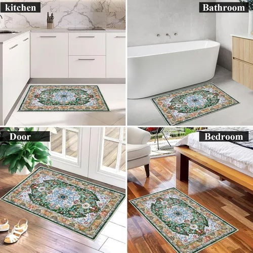 Miniatura 5 de U'Artlines Alfombra de Área Bohemia Lavable, 2x3 Pequeña Suave Antideslizante Vintage Felpudo para Puerta Frontal Interior Alfombra Verde